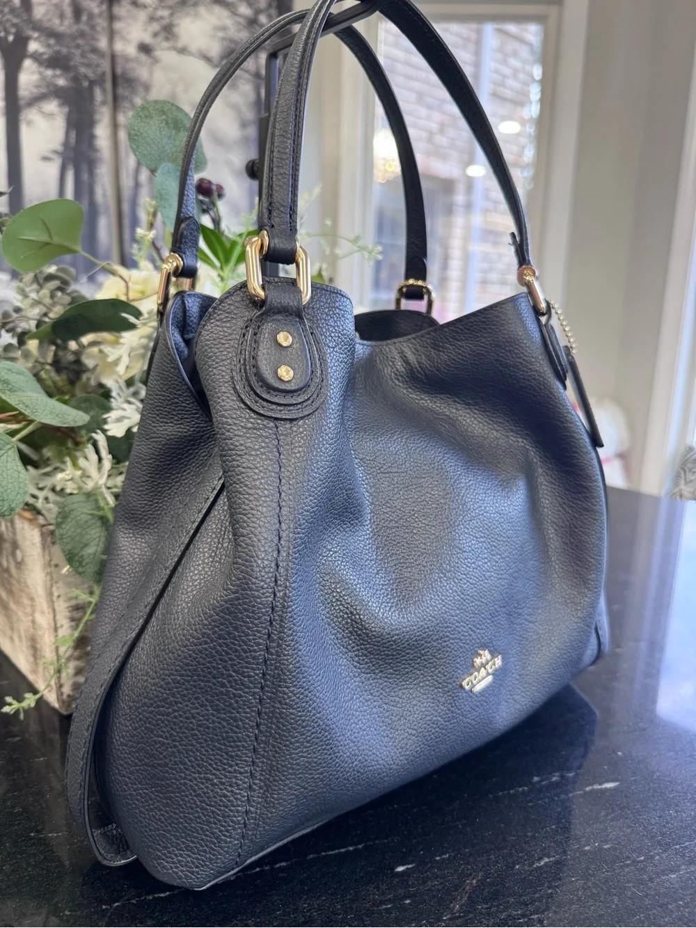💙Coach Edie 31 Pebbled Leather Shoulder Bag Navy Blue Gold Hardware Crossbody